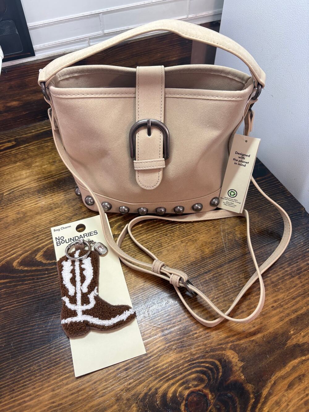 No Boundaries Taupe Studded Faux Suede Moto Bucket Bag And Bag Charm
